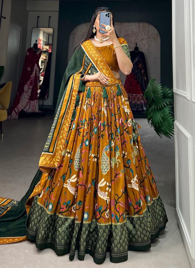 Tussar Silk Mustard Navratri Wear Floral Print Lehenga Choli